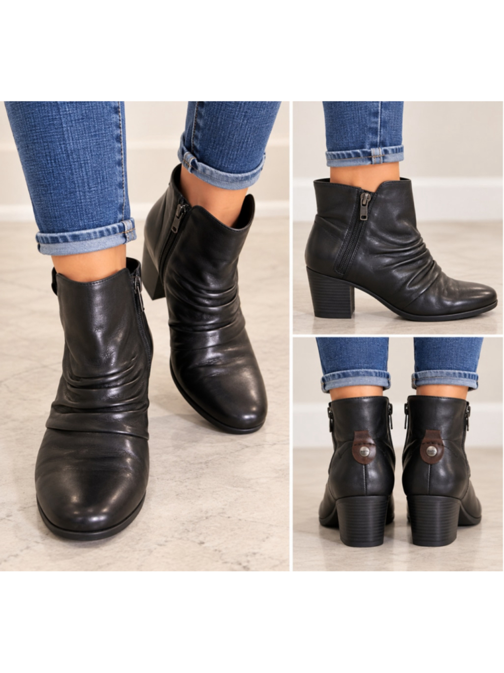 Earth Black Leather Ruched Ankle Boots Side Zip Block Heel 9.5M